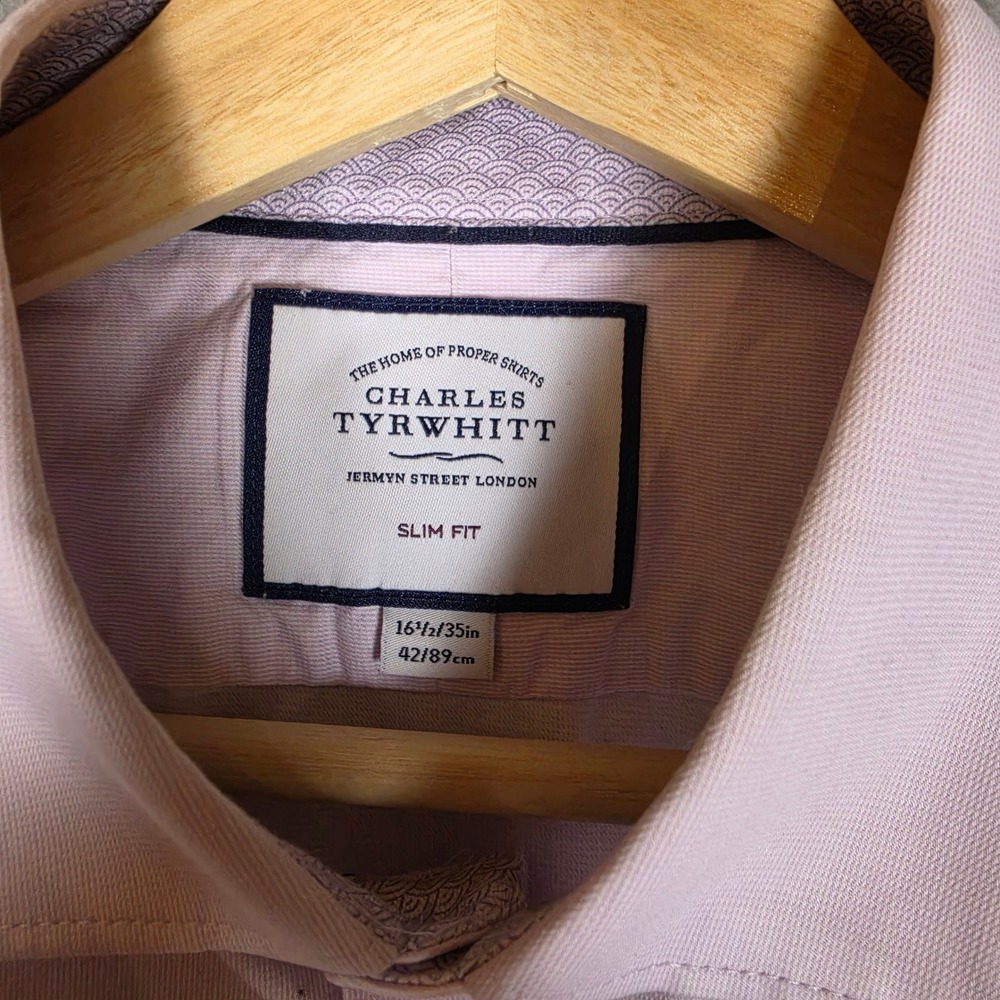 Charles Tyrwhitt Dress Shirt Mens 16.5/35 Pink Good Slim Fit Long Sleeve Dobby - Picture 5 of 10